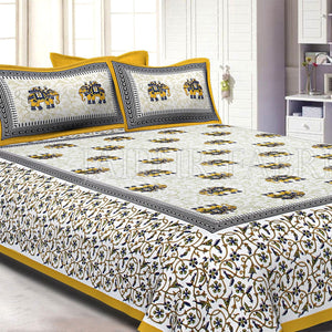 Yellow Border Jaipuri Elephant Print Cotton Double Bed Sheet