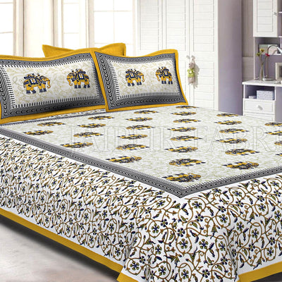 Yellow Border Jaipuri Elephant Print Cotton Double Bed Sheet