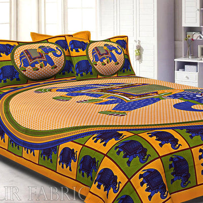 Yellow Base Elephant and Floral Printed Cotton Double Bed Sheet