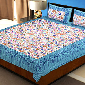 Green Border Flower and Leaf Printed Cotton Double Bed Sheet