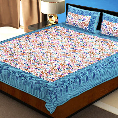 Green Border Flower and Leaf Printed Cotton Double Bed Sheet