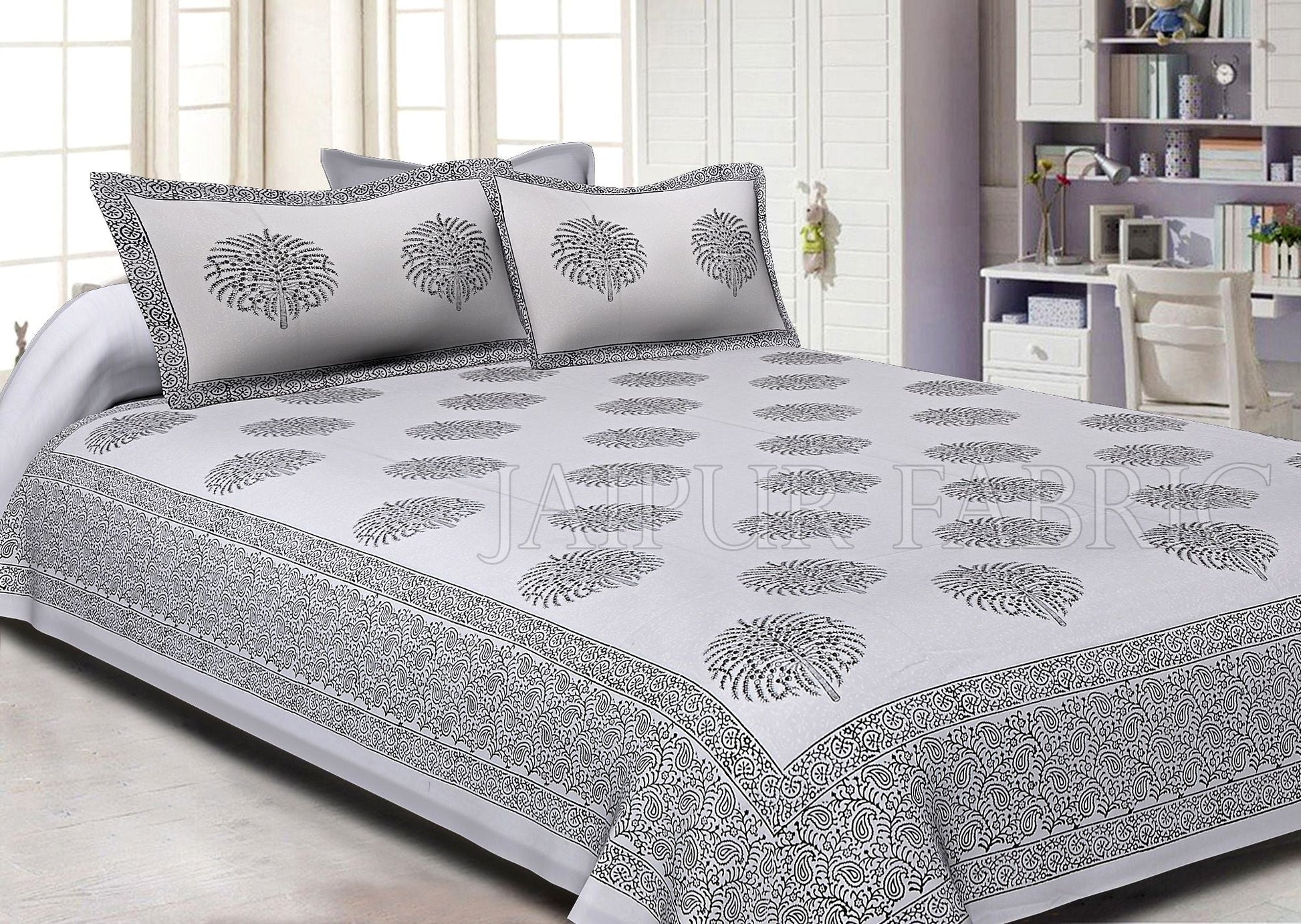 White Base With Kadi Print Black Tree Hand Block Print Super Fine  Cotton Double Bed Sheet
