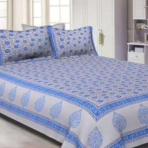 White Base With Kadi Print Blue Tree Hand Block Print Super Fine  Cotton Double Bed Sheet