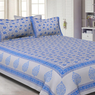 White Base With Kadi Print Blue Tree Hand Block Print Super Fine  Cotton Double Bed Sheet