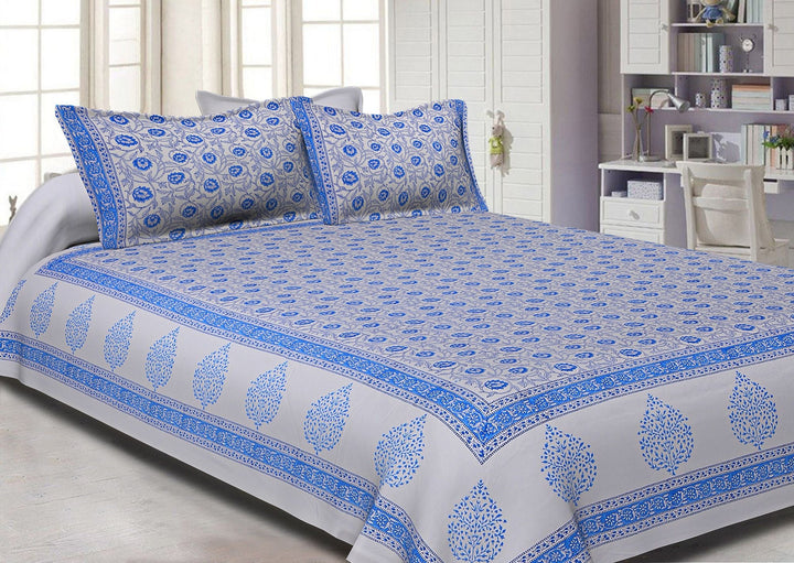 White Base With Kadi Print Blue Tree Hand Block Print Super Fine  Cotton Double Bed Sheet