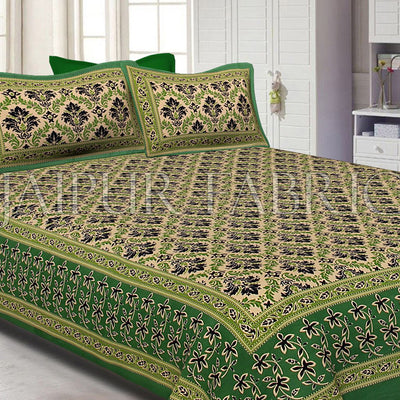 Green With Tropical Floral Pattern Cotton Double Bed Sheet
