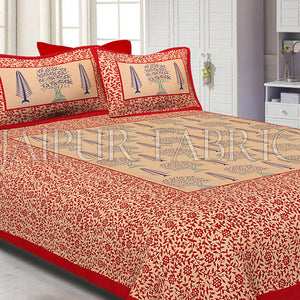 Red Light Brown Base With Flower and Plant Pattern Cotton Double Bed Sheet