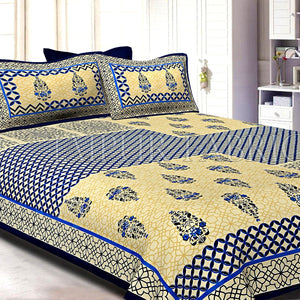 Navy Blue creame Base With Rangoli And Gamala Printin Designer Pattern Fine Cotton Poplin Double Bedsheet With Two Pillow