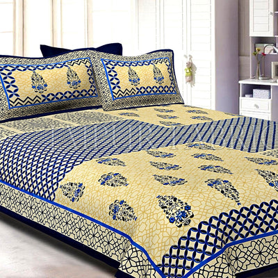 Navy Blue creame Base With Rangoli And Gamala Printin Designer Pattern Fine Cotton Poplin Double Bedsheet With Two Pillow