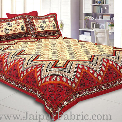 Maroon Border Cream Base In Zig Zag Pattern  Bagru Print Cotton Double Bedsheet