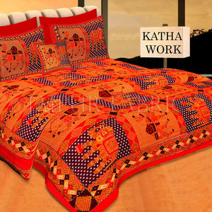 Red Jaisalmer Handmade Embroidery with katha Thread Work Elephant Print Double Bed Sheet with Two Pillow Covers