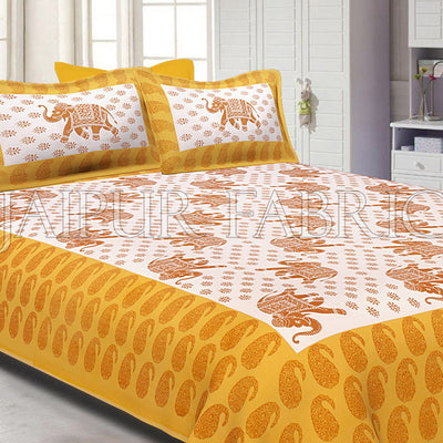 Yellow Border White Base Elephant Pattern Screen Print Cotton Double Bed Sheet