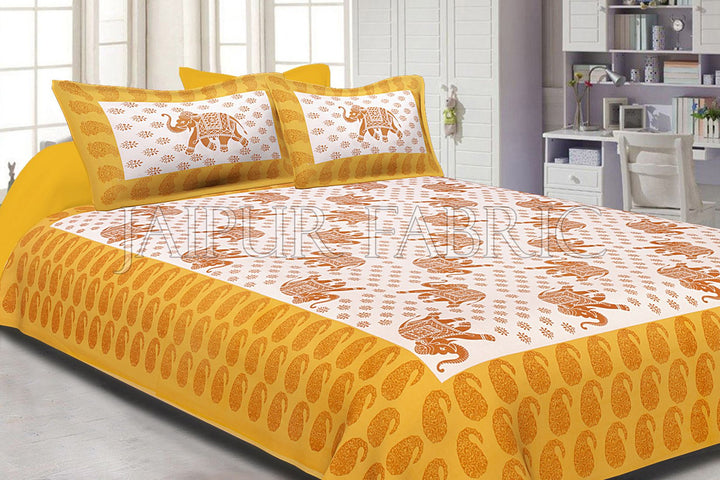 Yellow Border White Base Elephant Pattern Screen Print Cotton Double Bed Sheet