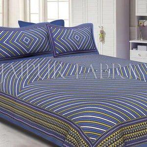 Blue Border Yellow Square and line Pattern Screen Print Cotton Double Bed Sheet