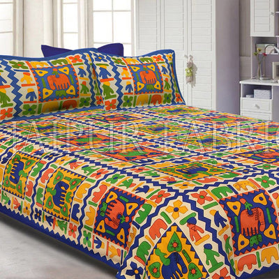 Navy Blue boarder elephant pattern with parrot green and yellow colour double bed sheet