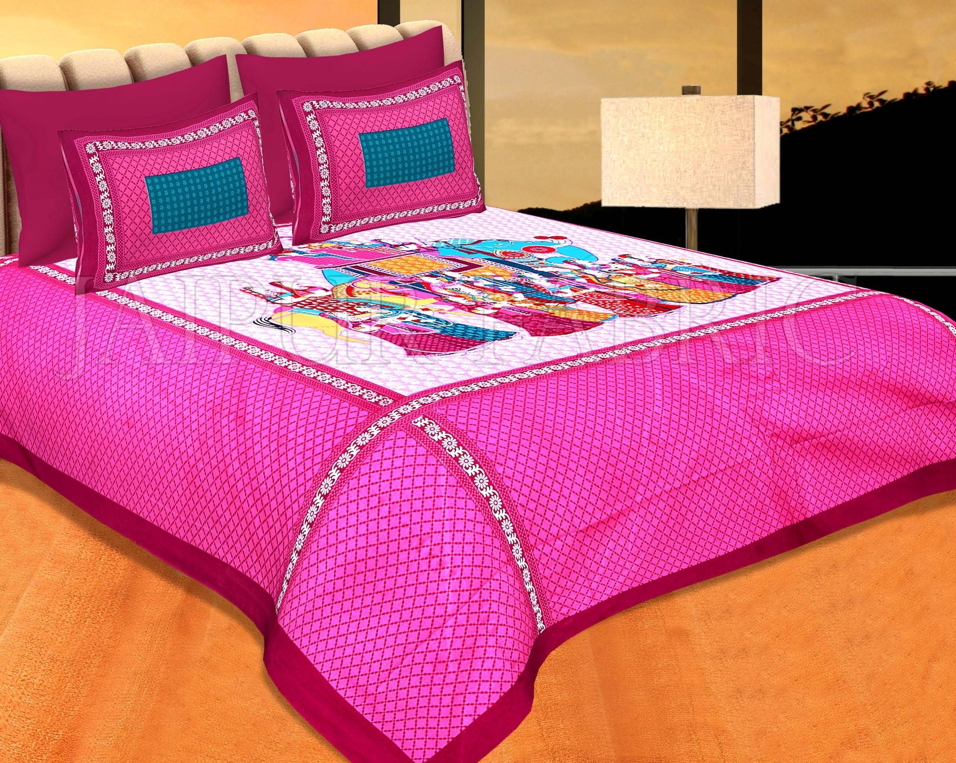Maroon Border With Pink Purple Base "Shahi Sawari"  With Elephant Pigment Print Cotton Double Bedsheet