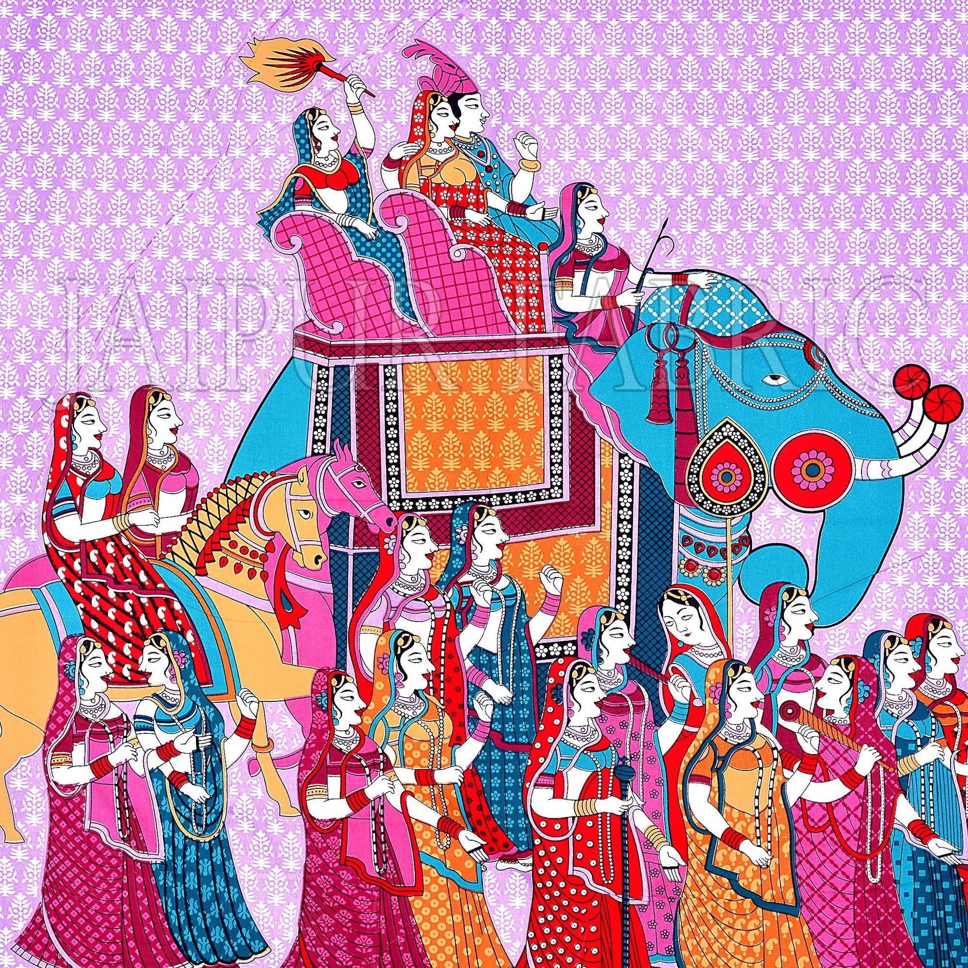 Maroon Border With Pink Purple Base "Shahi Sawari"  With Elephant Pigment Print Cotton Double Bedsheet