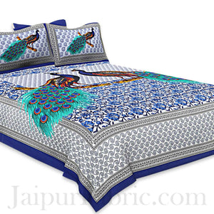 Blue Border Indigo Blue Two Large Peacock Pigment Print Cotton Double Bedsheet