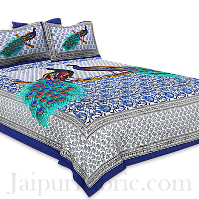 Blue Border Indigo Blue Two Large Peacock Pigment Print Cotton Double Bedsheet