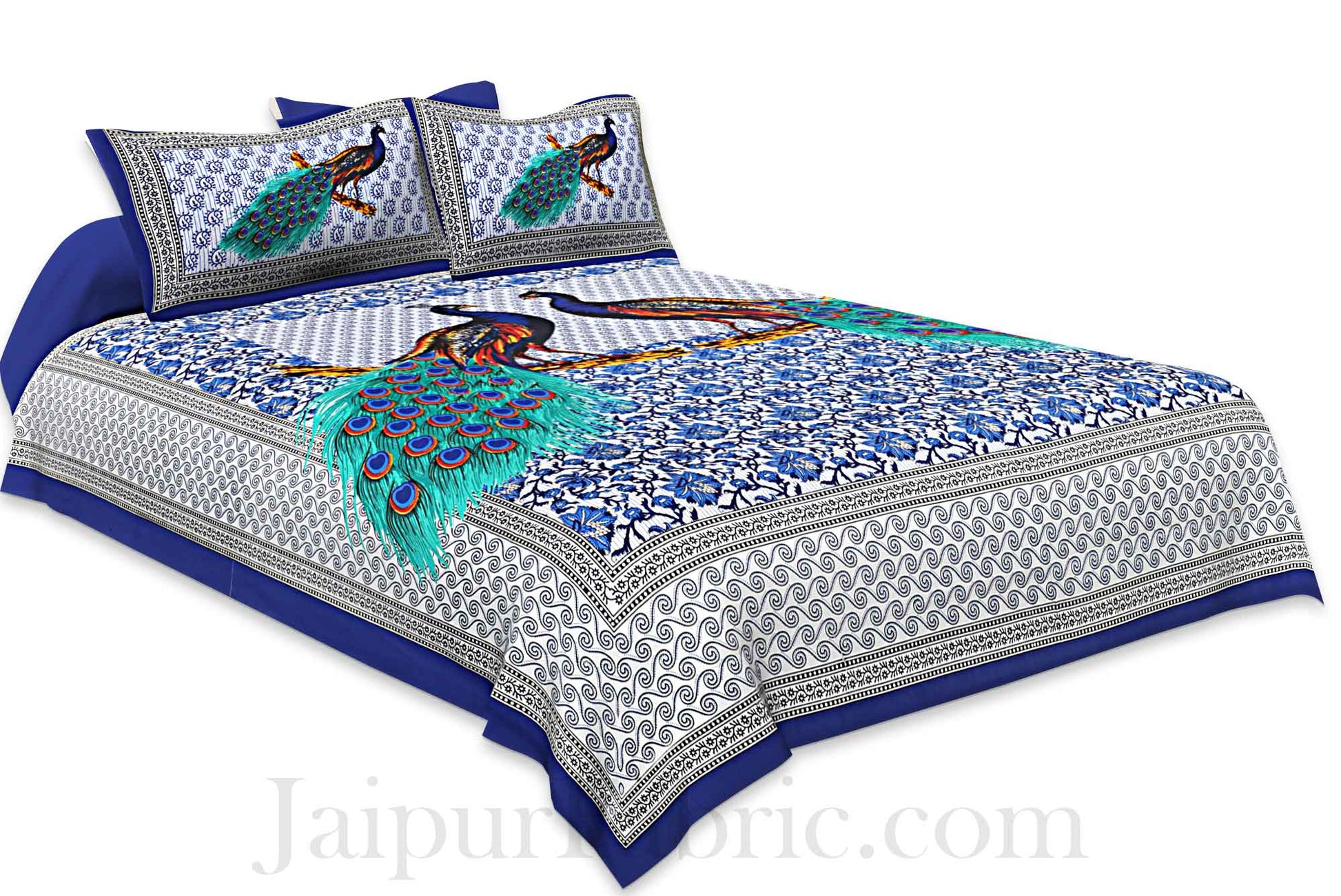 Blue Border Indigo Blue Two Large Peacock Pigment Print Cotton Double Bedsheet