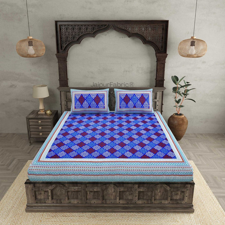 The Traditional Touch Blue Red and Green Pure Cotton Double Bedsheet Combo of 3