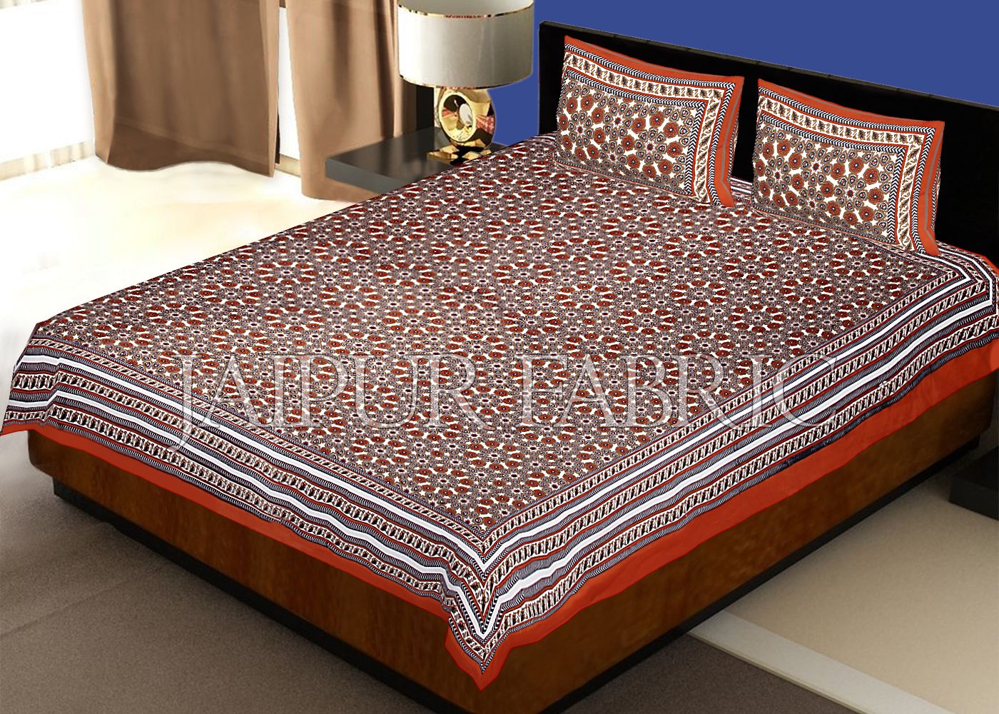 Brown Border Brown Base Screen Print Cotton Double Bed Sheet