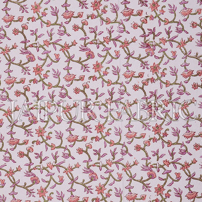 Peach Border White Base Flower Pattern Block Print Cotton Double Bed Sheet