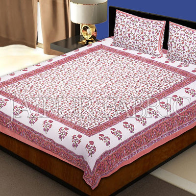 Peach Border White Base Flower Pattern Block Print Cotton Double Bed Sheet