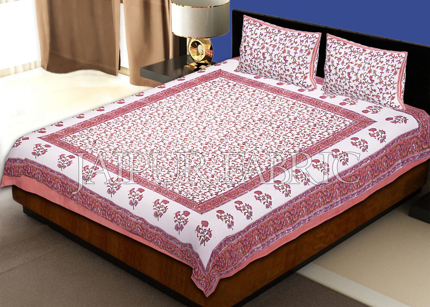 Peach Border White Base Flower Pattern Block Print Cotton Double Bed Sheet