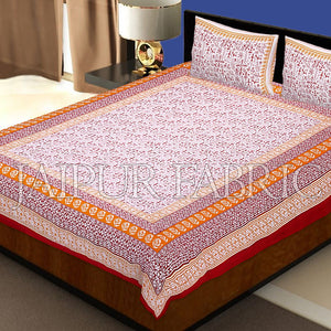 Red Border White Base Red Tropical Pattern Block Print Cotton Double Bed Sheet