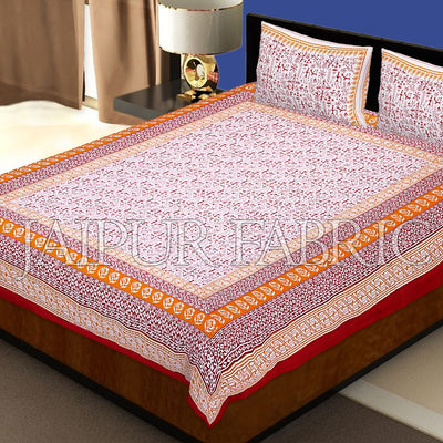 Red Border White Base Red Tropical Pattern Block Print Cotton Double Bed Sheet