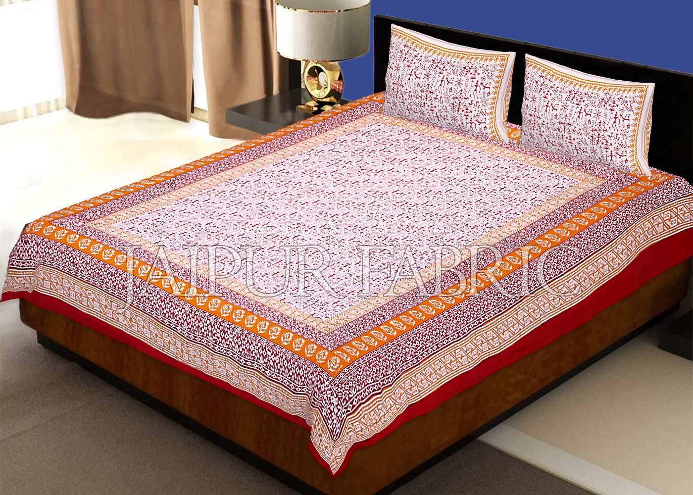 Red Border White Base Red Tropical Pattern Block Print Cotton Double Bed Sheet