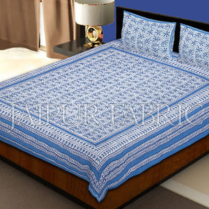Blue Border White Base Leaf Pattern Block Print Cotton Double Bed Sheet