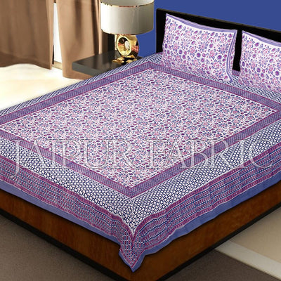 Blue Border White Base Flower Pattern Block Print Cotton Double Bed Sheet