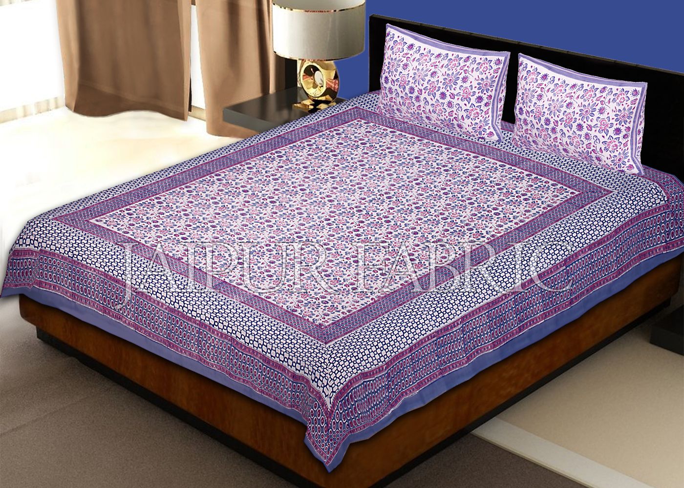 Blue Border White Base Flower Pattern Block Print Cotton Double Bed Sheet