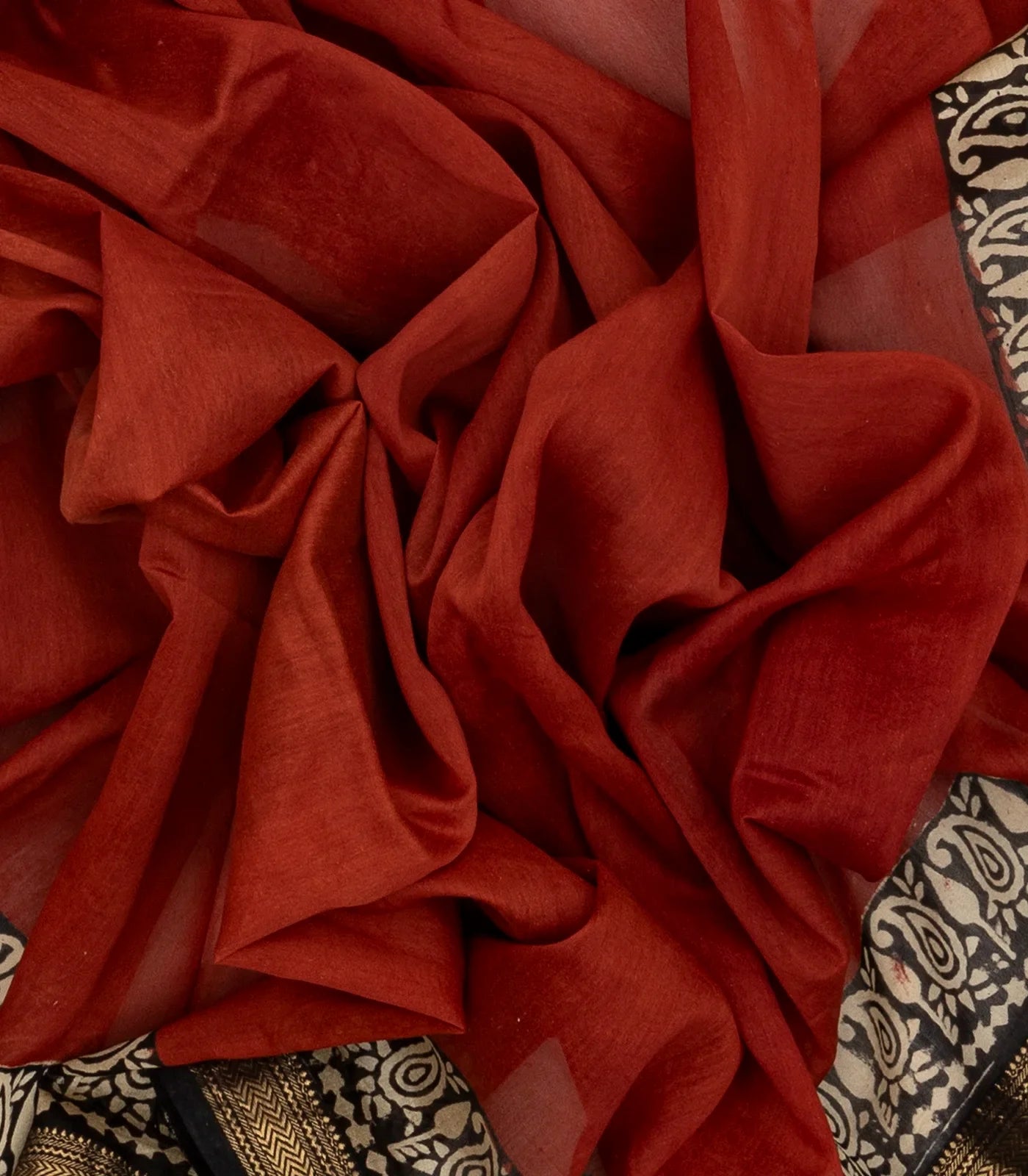 Rust Handloom Chanderi Cotton Saree With Printed Floral Motifs