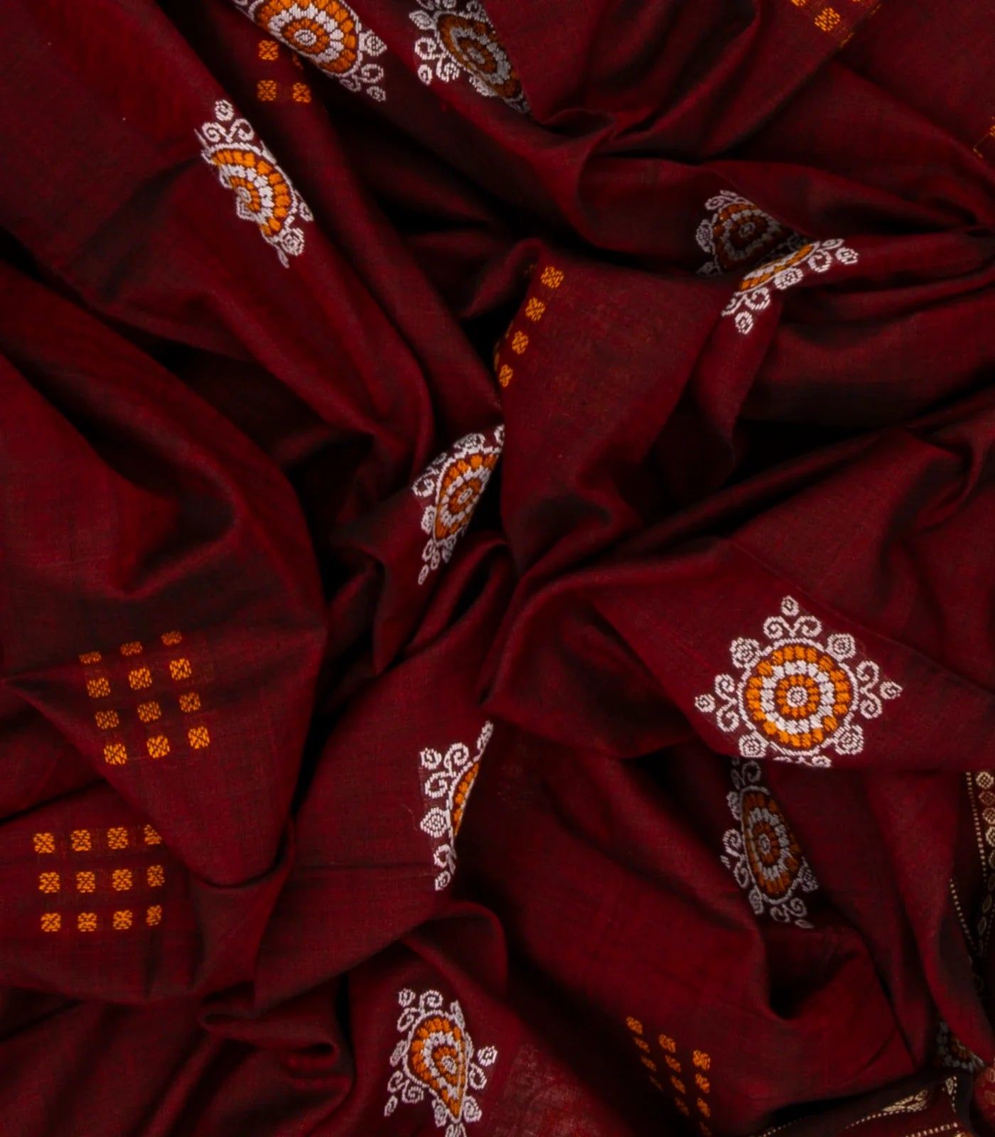 Maroon Handloom Orissa Cotton Saree With Tie & Dye Black Pallu