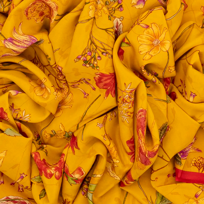 Mustard Woven Digital Printed Crepe Silk Saree With Floral Motifs