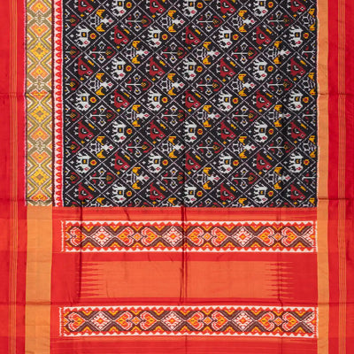 Black Handloom Ikat Silk Saree With Contrast Red Border