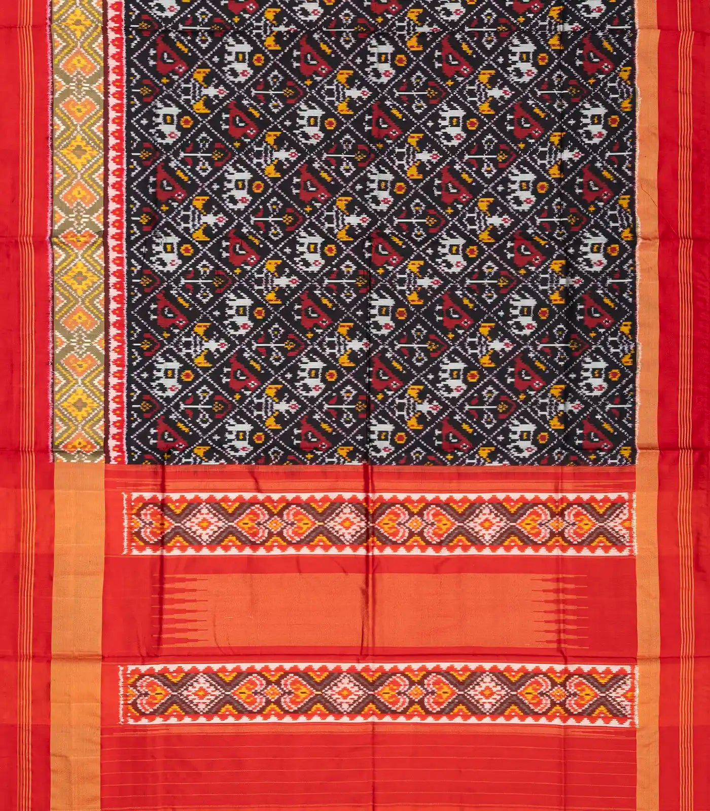 Black Handloom Ikat Silk Saree With Contrast Red Border