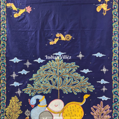 Dark Blue Arjuna Bows to Navagunjara Hand-Painted Pattachitra Saree