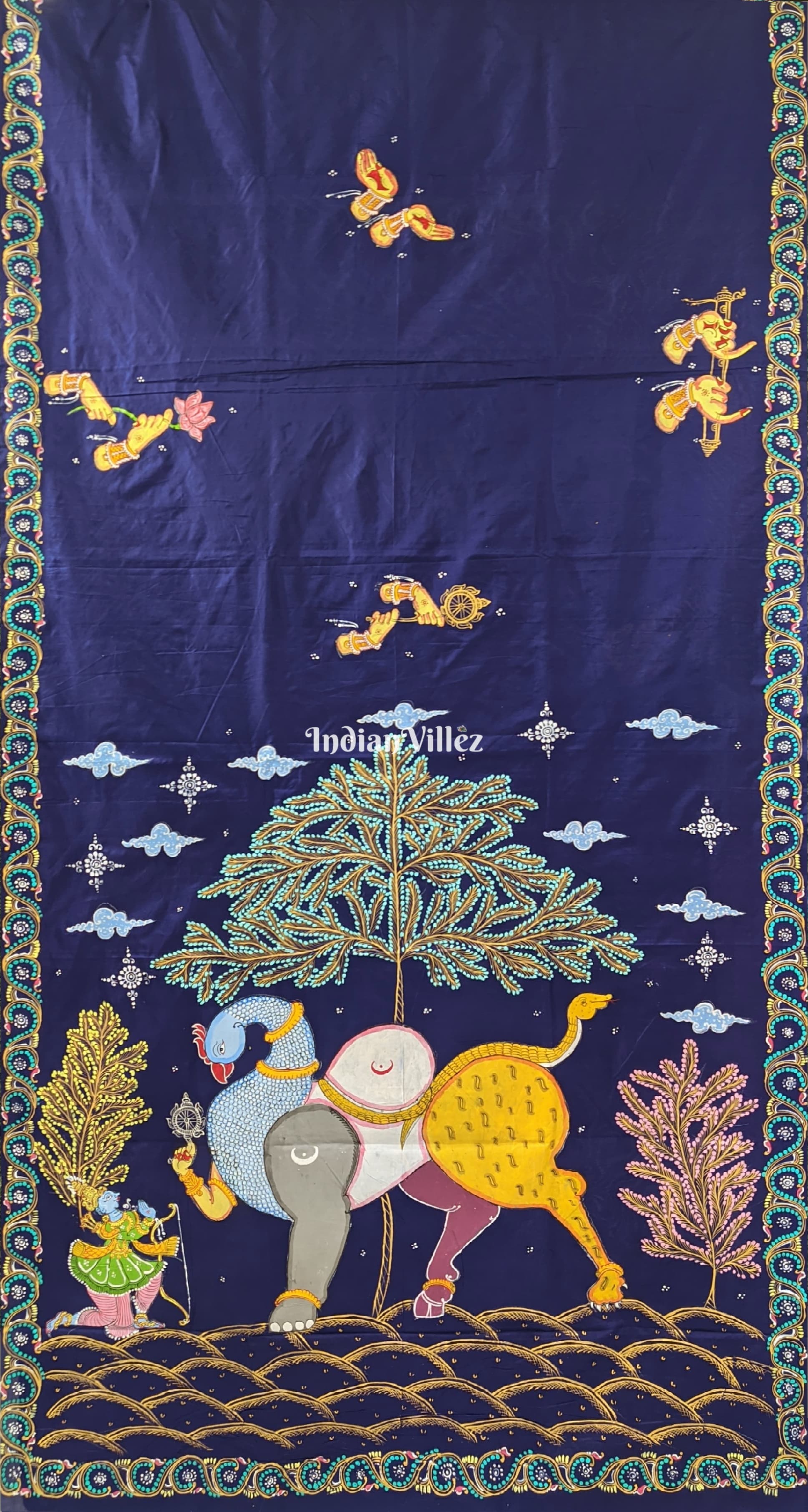 Dark Blue Arjuna Bows to Navagunjara Hand-Painted Pattachitra Saree