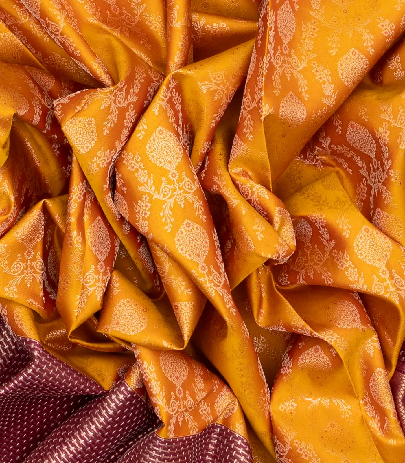 Mango Yellow Handloom Kanchipuram Silk Saree With Meena Floral Motifs