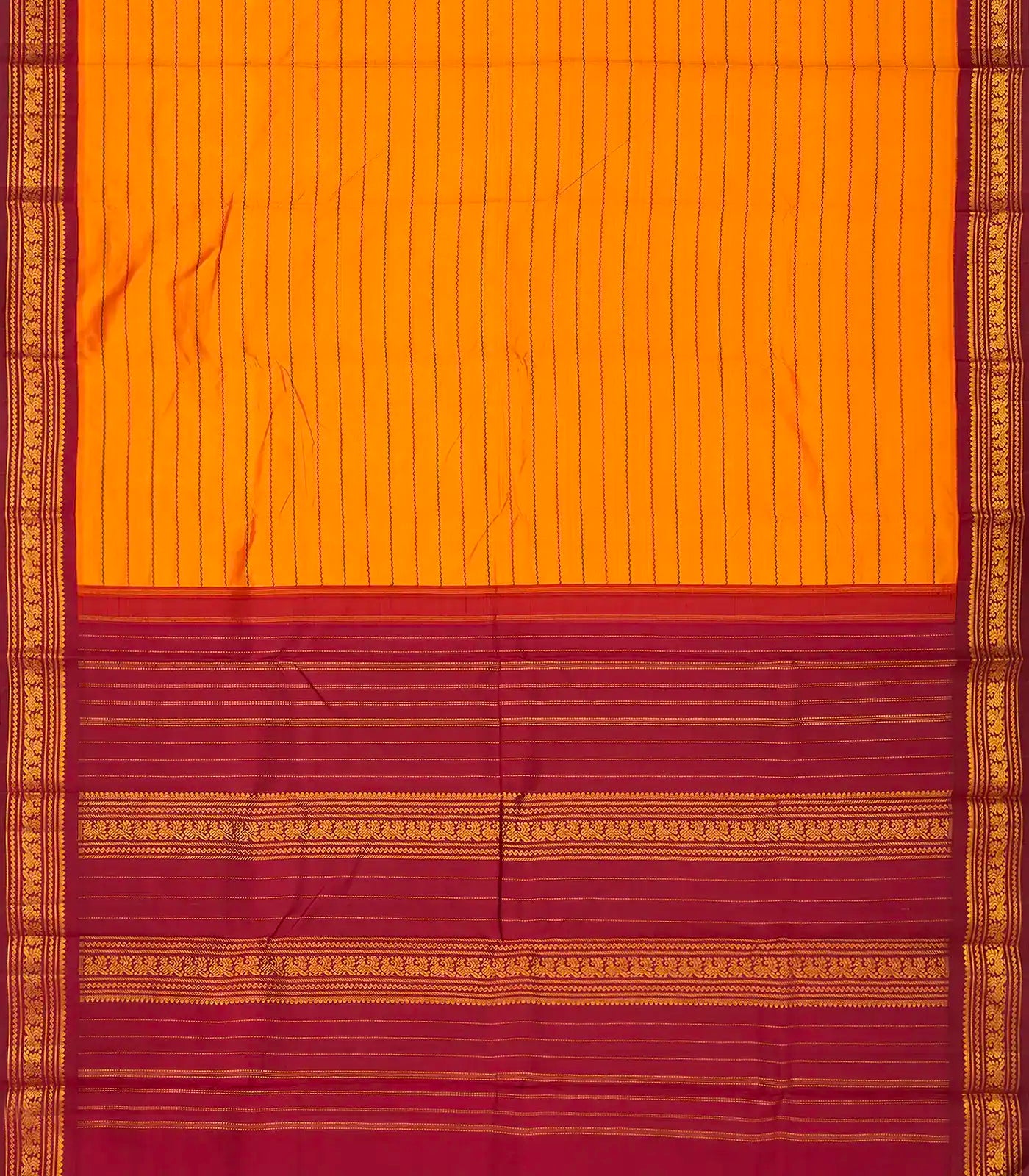Mango Yellow Handloom Kanchipuram Korvai Silk Saree With Stripes