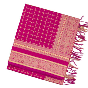 Hot Pink Handloom Silk Cotton Saree With Zari Checks