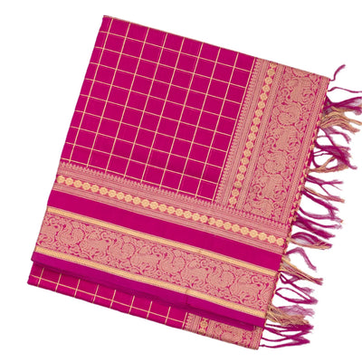 Hot Pink Handloom Silk Cotton Saree With Zari Checks