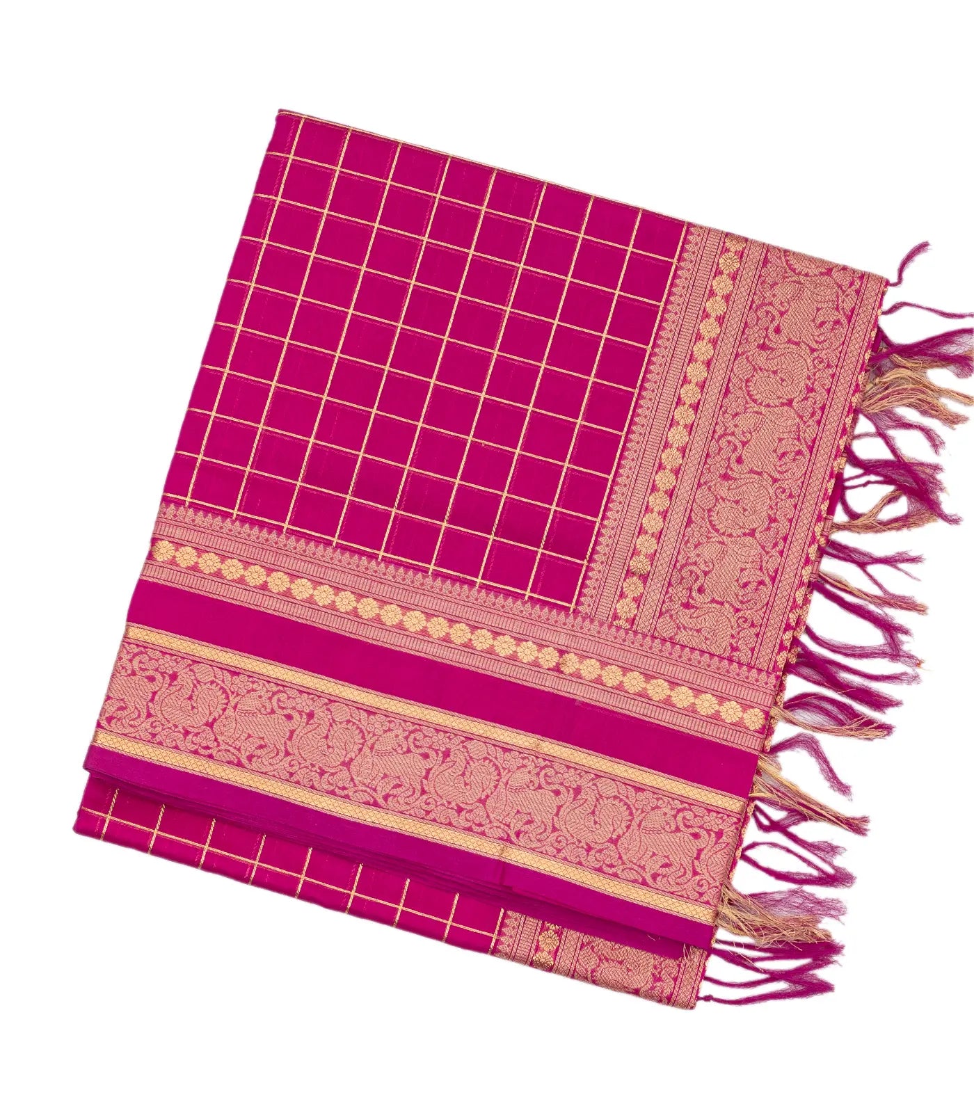 Hot Pink Handloom Silk Cotton Saree With Zari Checks