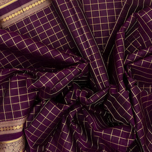 Burgundy Handloom Silk Cotton Saree With Zari Checks