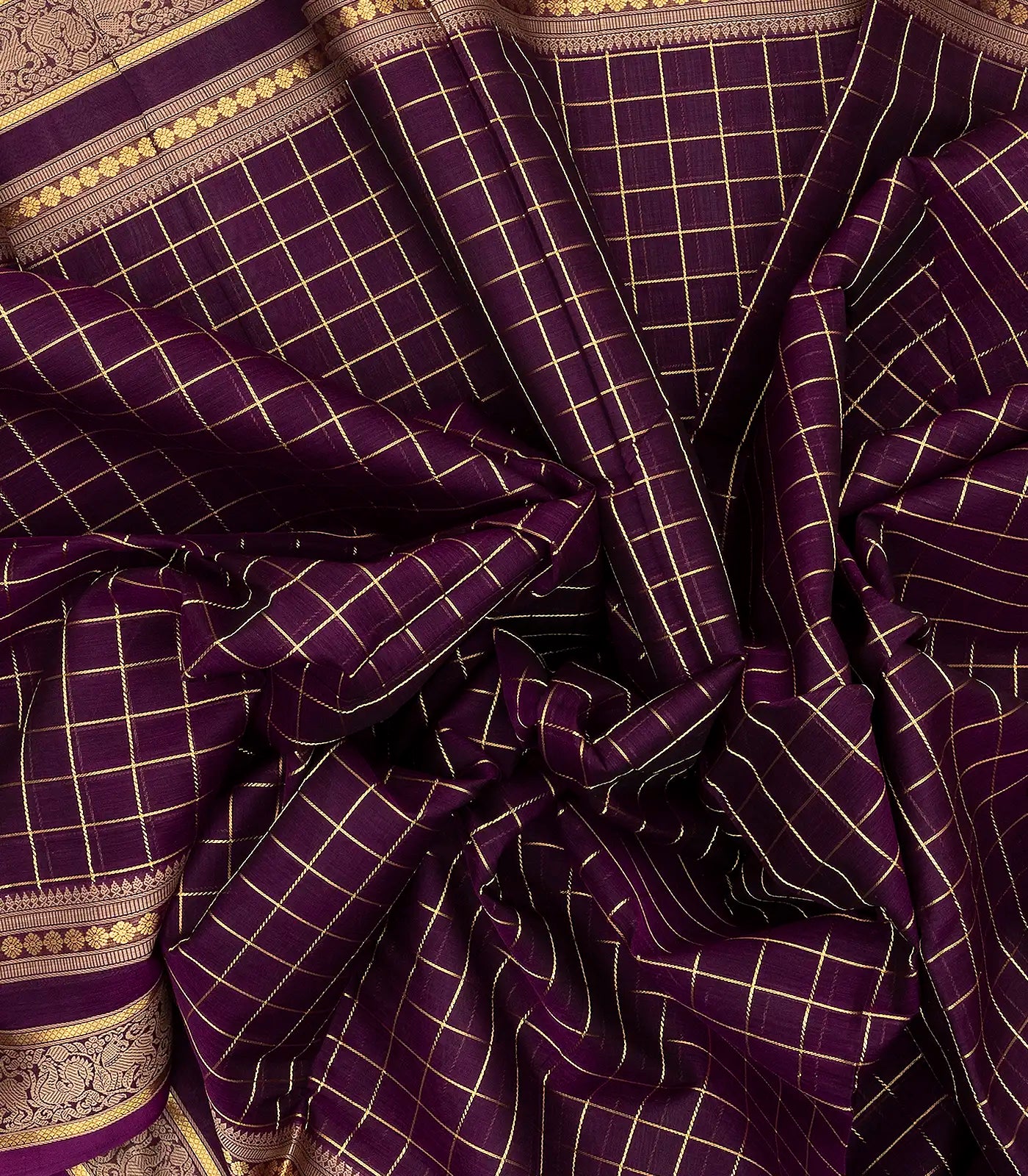 Burgundy Handloom Silk Cotton Saree With Zari Checks
