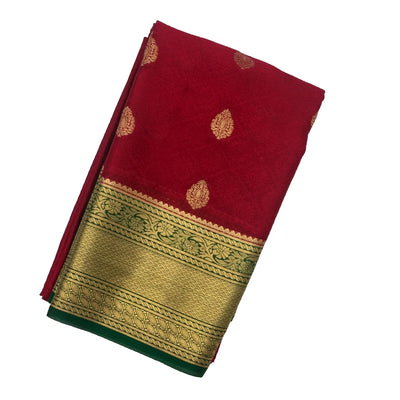 Crimson Mysore Crepe Silk Saree With Floral Motifs & Contrast Border